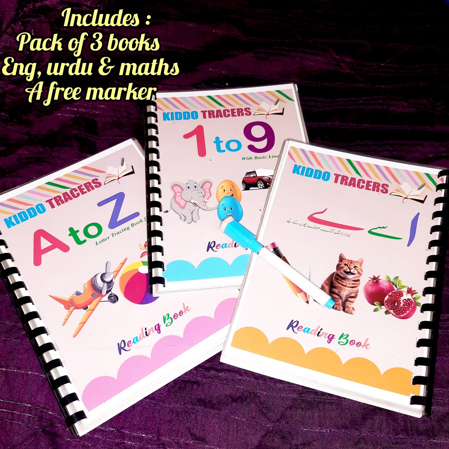 Pack Of 3 Reuseable Kids Tracing Books English Urdu Math